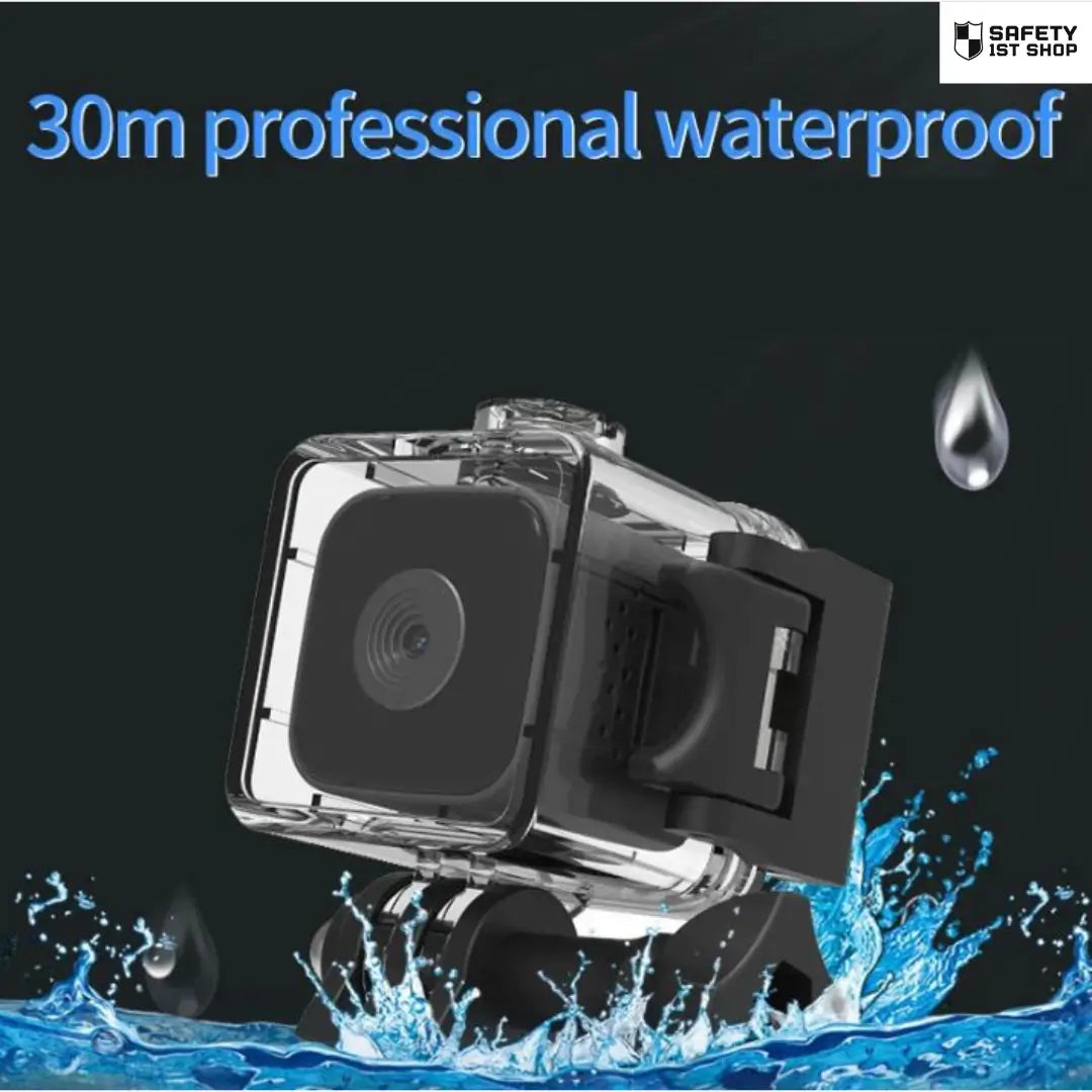 Mini action camera floating in water, demonstrating 30-meter professional waterproof feature with blue tones and a dark background.