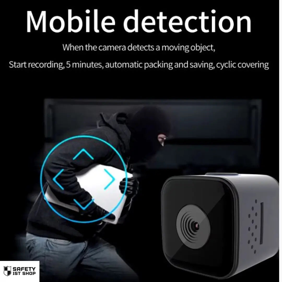Mini action camera with motion detection captures thief holding stolen laptop, automatic 5-minute recording, smart packing and cyclic saving in dark environment