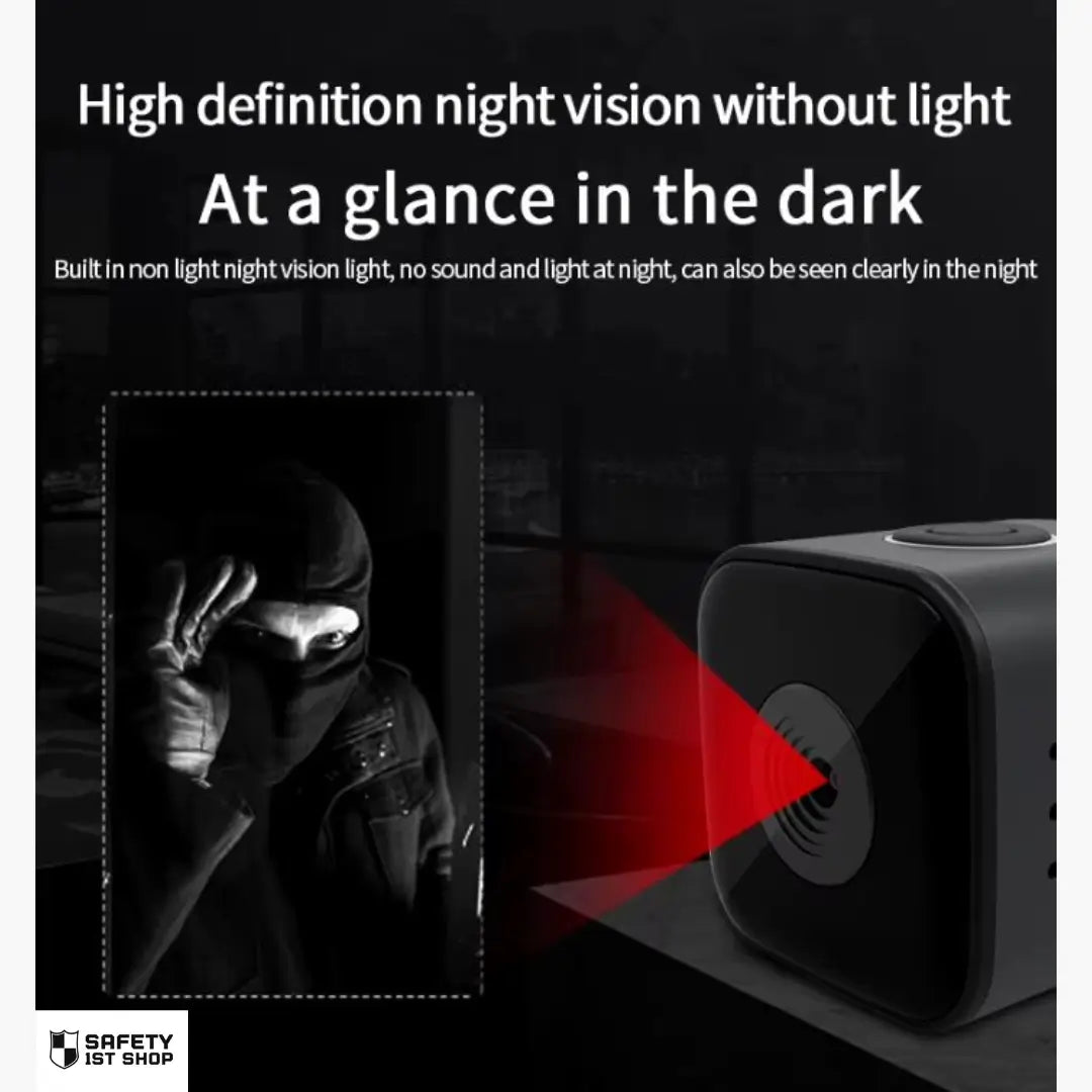 Mini action camera with built-in night vision captures intruder looking through window in dark setting, no visible light or sound, high-definition security recording