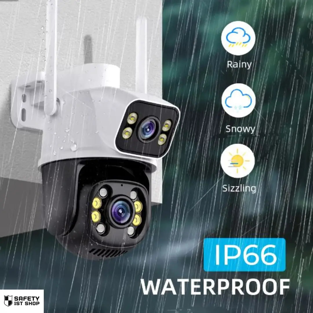 Outdoor surveillance camera with IP66 waterproof rating, shown in rain, snow, and hot weather, ideal for all weather conditions
