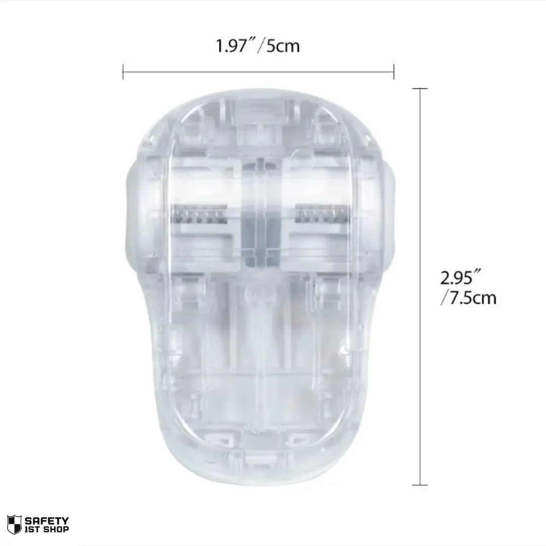 Oven safety lock in transparent white version with size dimensions shown on white background – product detail overview