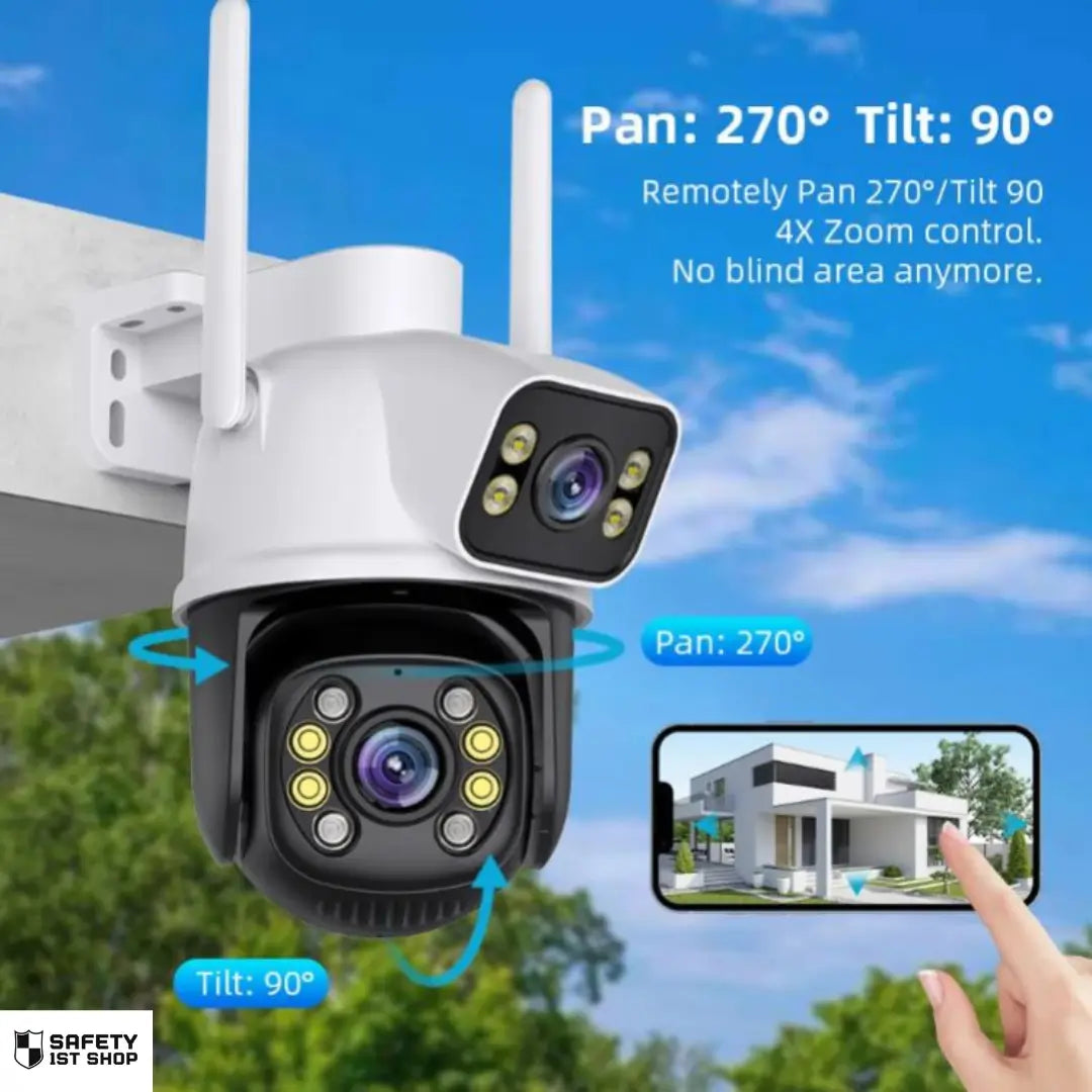 Security camera with 270° pan, 90° tilt, and 4X zoom control for full coverage, remotely adjustable via smartphone