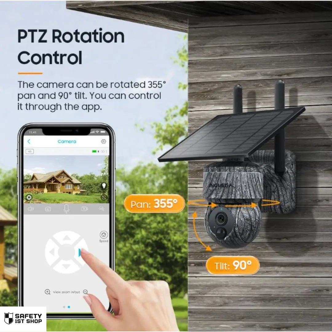 Surveillance camera mounted on a wooden cabin wall, surrounded by trees. A smartphone app controls the device’s 355-degree pan and 90-degree tilt functions, showing a house viewed remotely in nature.