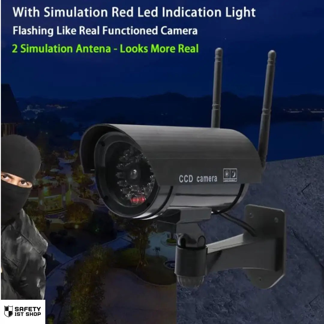 Fake security camera with blinking red LED light and dual antennas mounted on wall, realistic surveillance appearance
