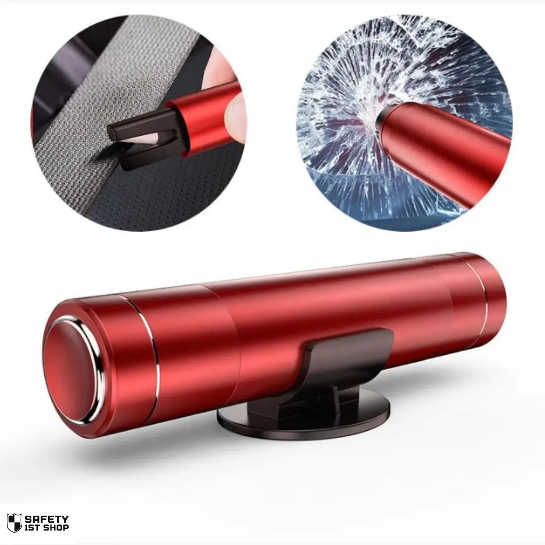 Red emergency car hammer on black display stand with icons showing seatbelt cutting blade and window breaker function