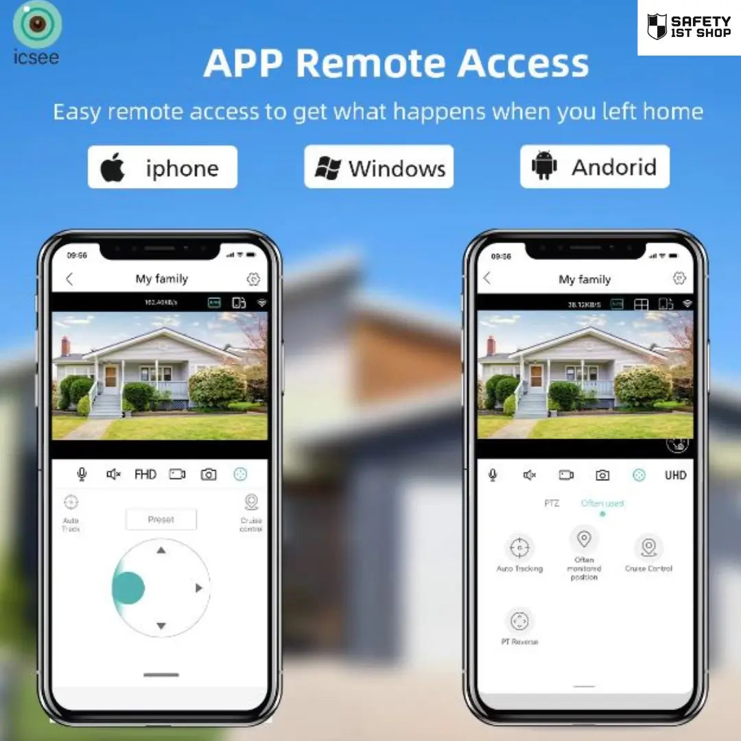 Mobile security app interface showing remote access via iPhone and Android, enabling live surveillance control and alerts while away from home