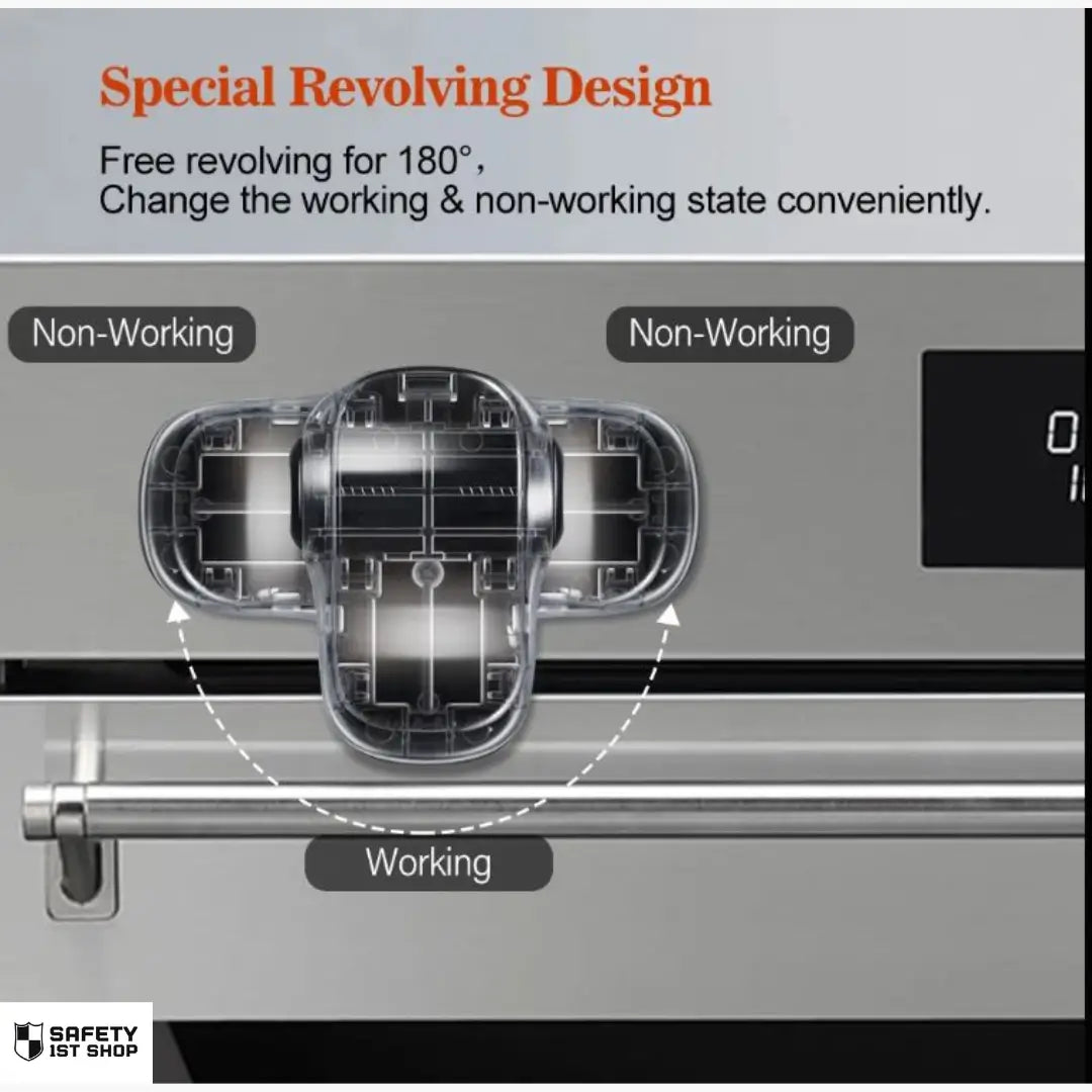 Rotatable oven safety mechanism – illustrates active and inactive positions for child-safe households