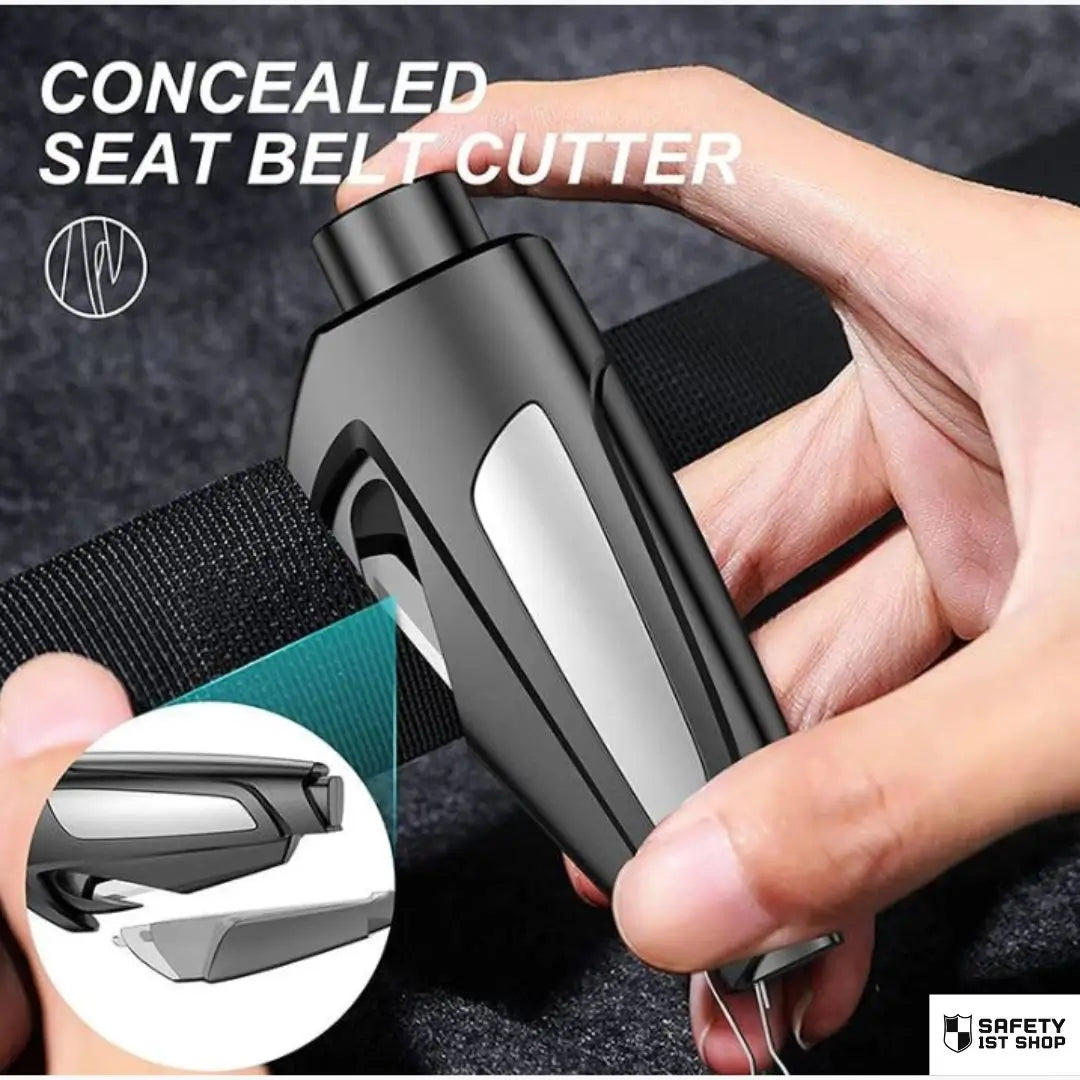 Concealed seat belt cutter in action – one hand grips the escape tool, the other pulls the seatbelt. Close-up shows hidden blade in use. Life-saving function highlighted.