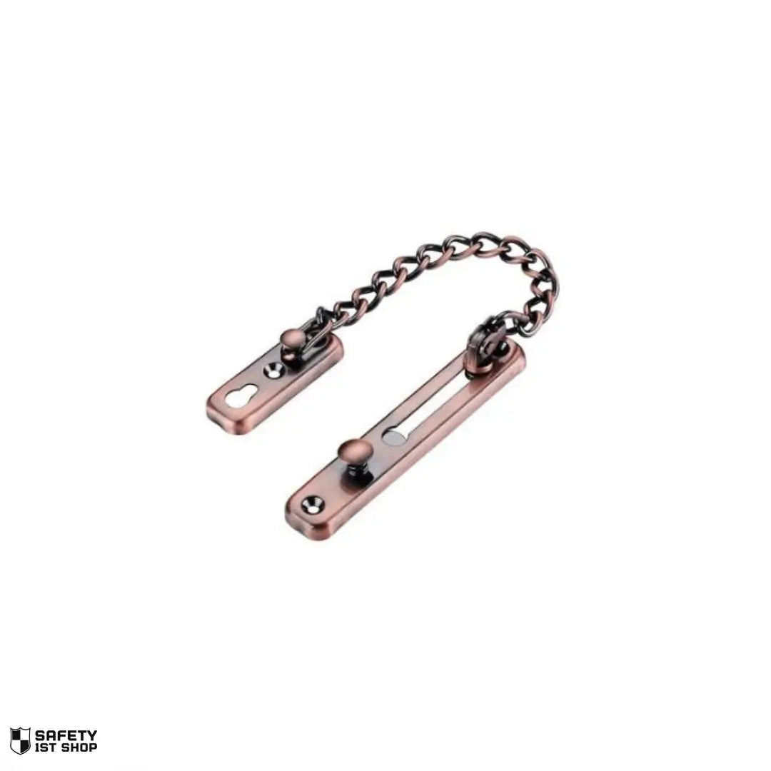 Elegant chain security lock on white background, red bronze finish for home or hotel door protection