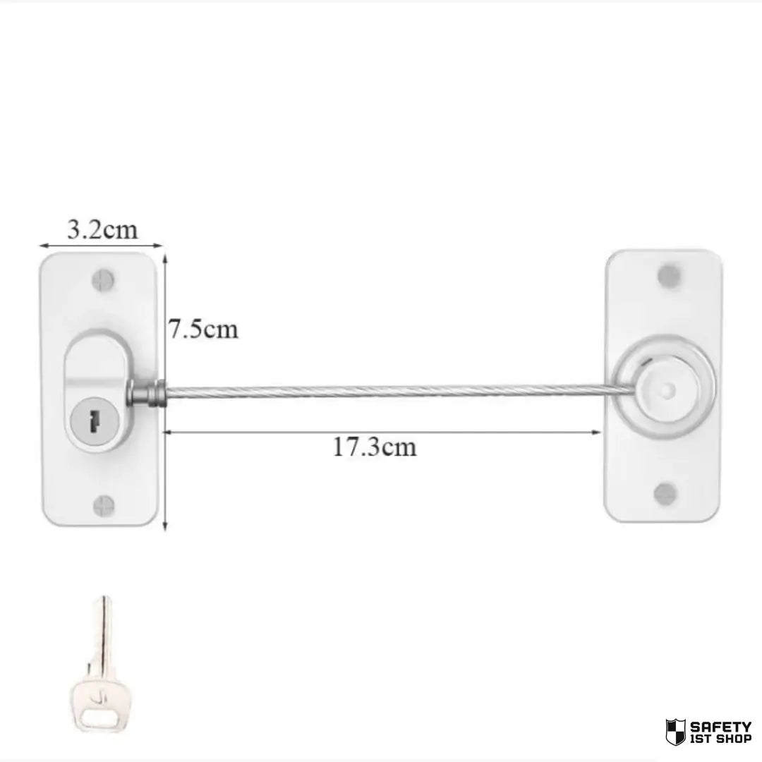 white child safety lock with key mechanism, product dimensions displayed on white background