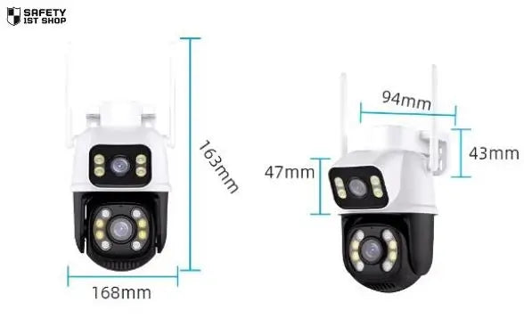 Detailed size illustration of smart home security camera with labeled height and width measurements, shown on a clean white background