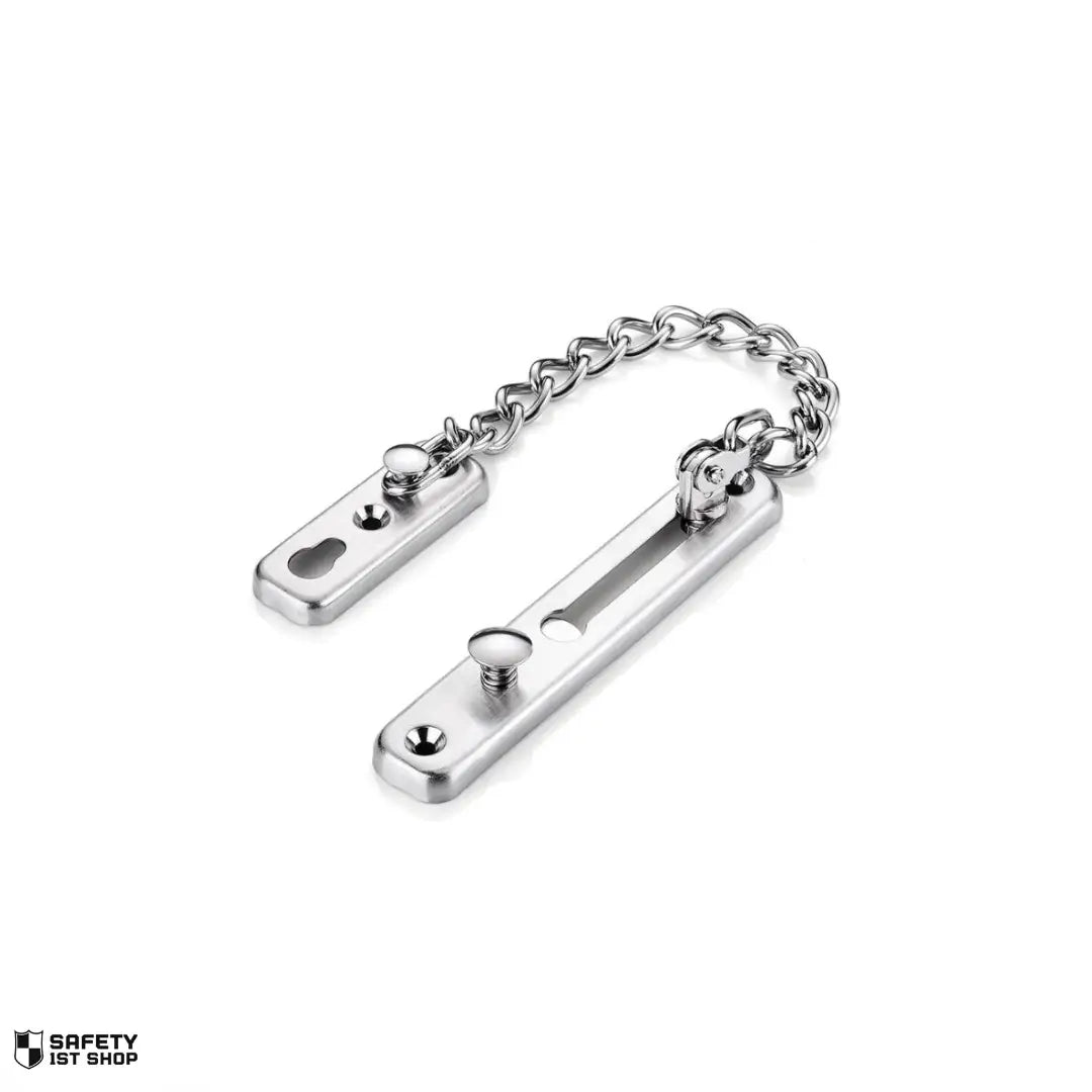 Sleek silver stainless steel chain lock for door security, displayed on a minimalist white background