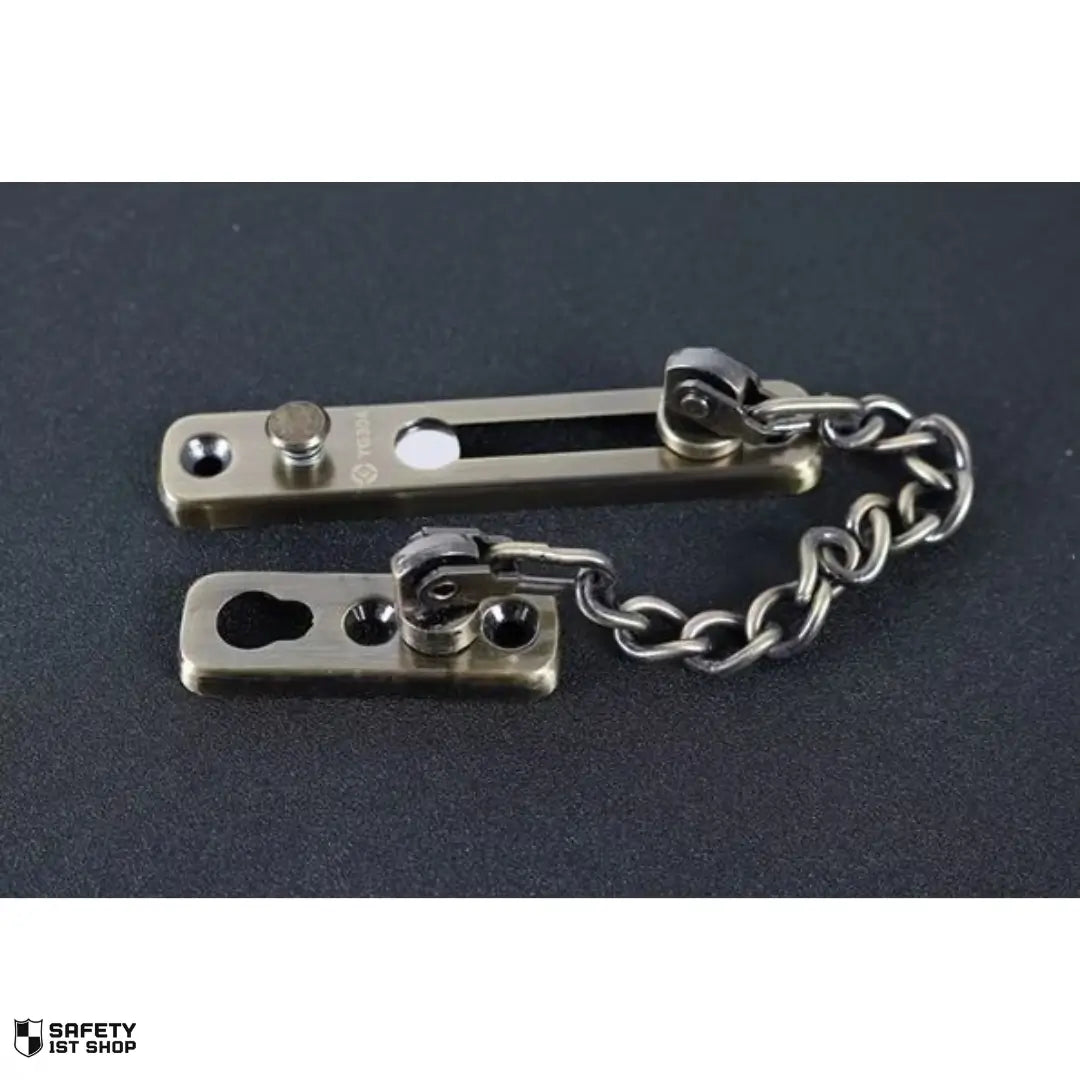 Sleek silver stainless steel door chain lock presented on a dark background for stylish home security