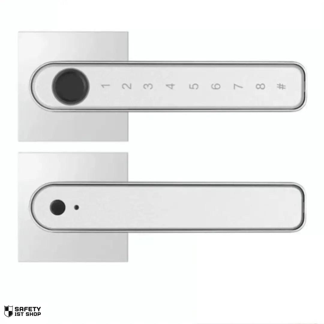 Silver smart lock front view on white background