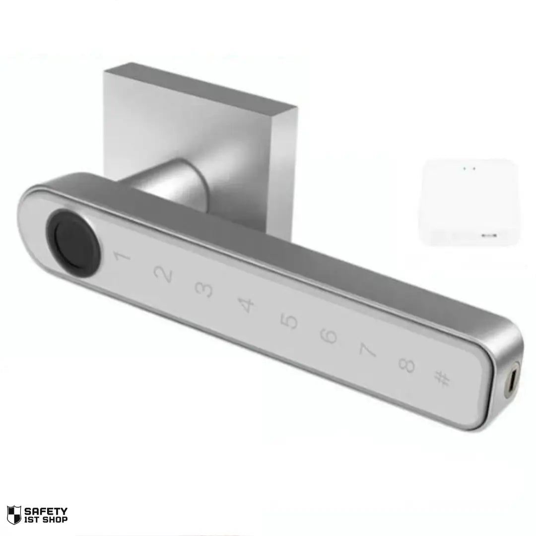 Silver Tuya hub smart lock with included accessory on white background