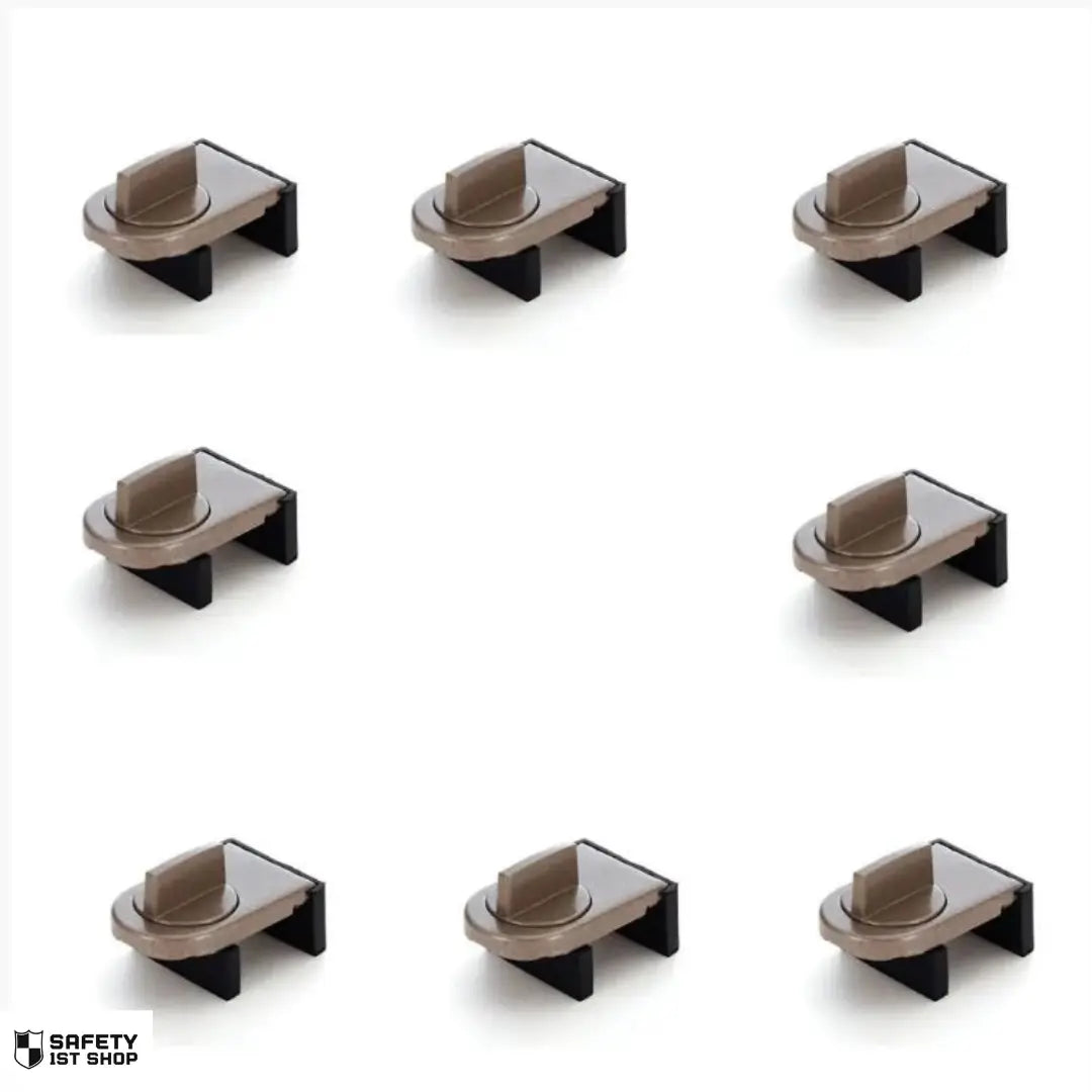 Single-piece brown window lock for child safety and fall prevention, displayed on a clean white background – ideal for secure home window use.