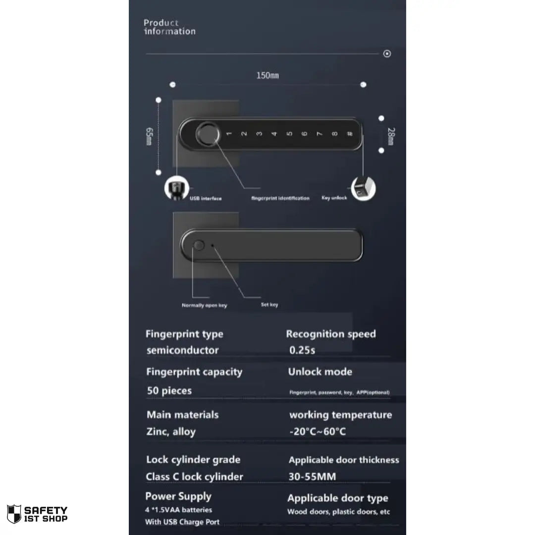 Detailed product specifications for smart lock including temperature range and materials used