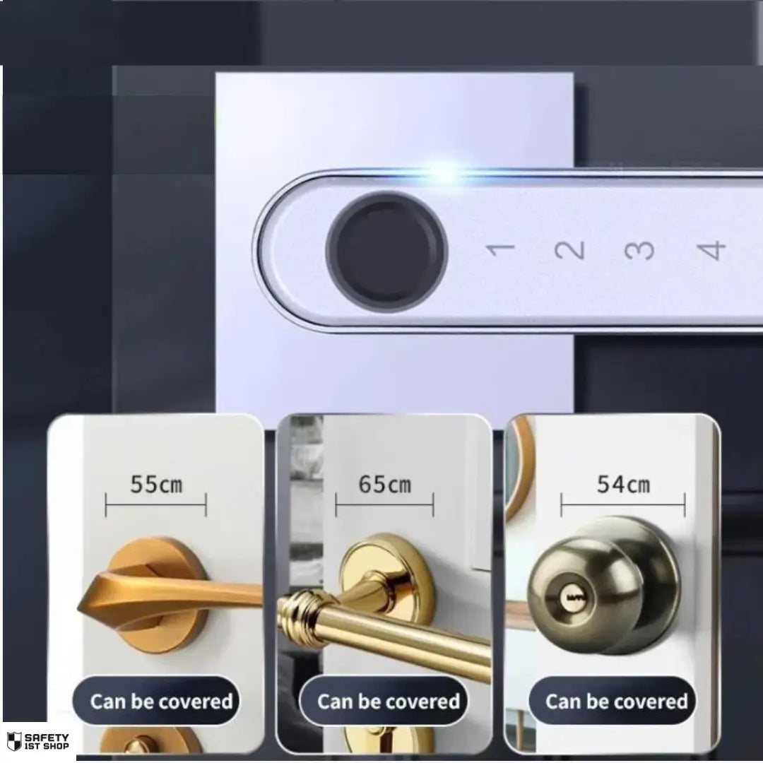 Smart door lock with visual guide showing compatibility with various door handle sizes