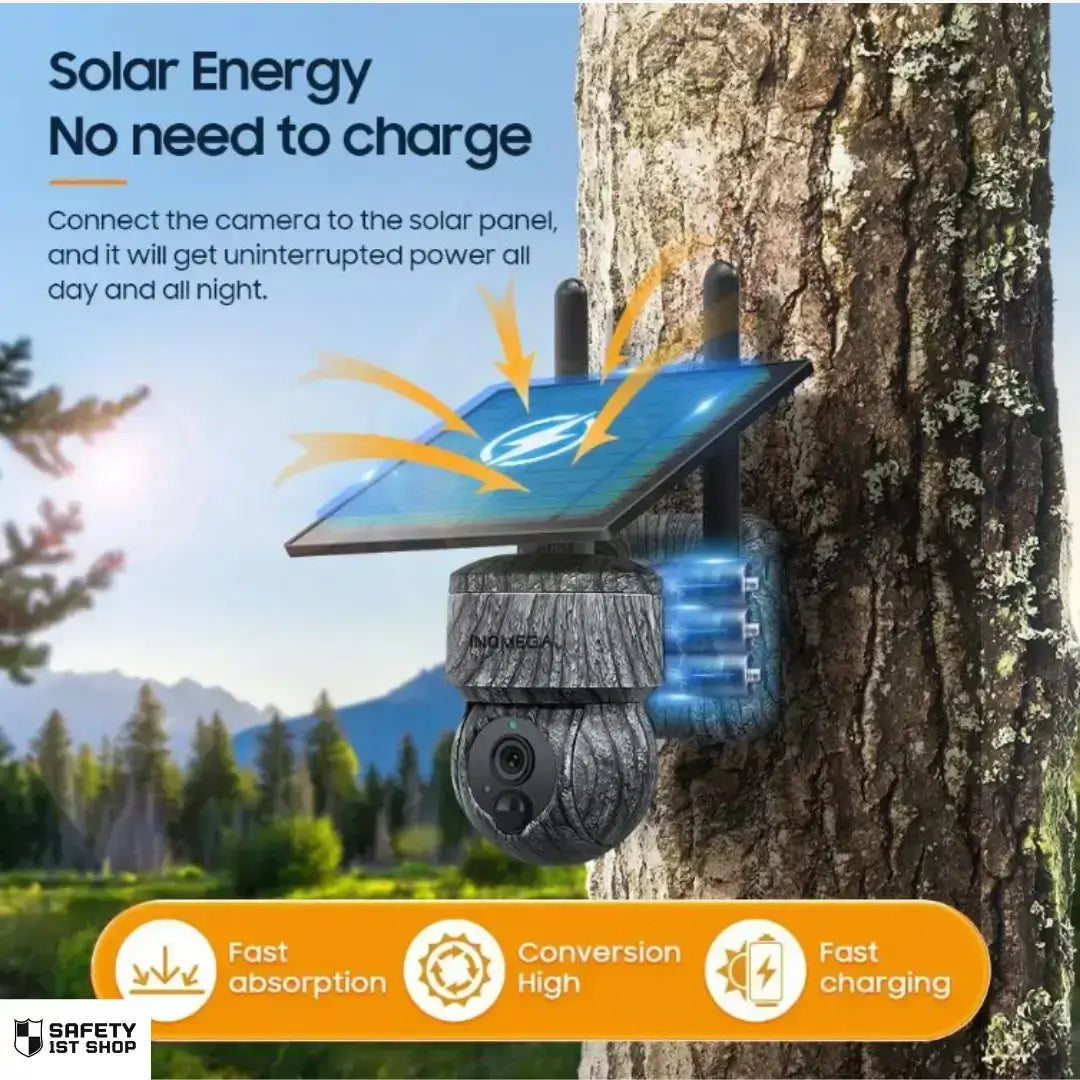 Solar-powered outdoor surveillance camera mounted on tree in forest, with blue energy icon showing fast solar charging and uninterrupted 24/7 power.