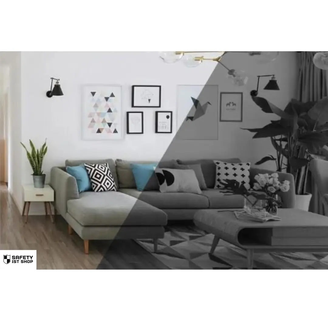 Split-view image of a stylish living room shown in both daytime and night vision mode, highlighting the camera’s ability to deliver clear footage in changing light. Elegant decor with plants, wall art, and modern furniture.