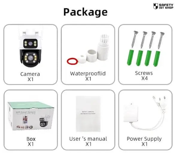 Complete home security camera package with included mounting accessories, screws, and installation tools, clearly displayed on white background