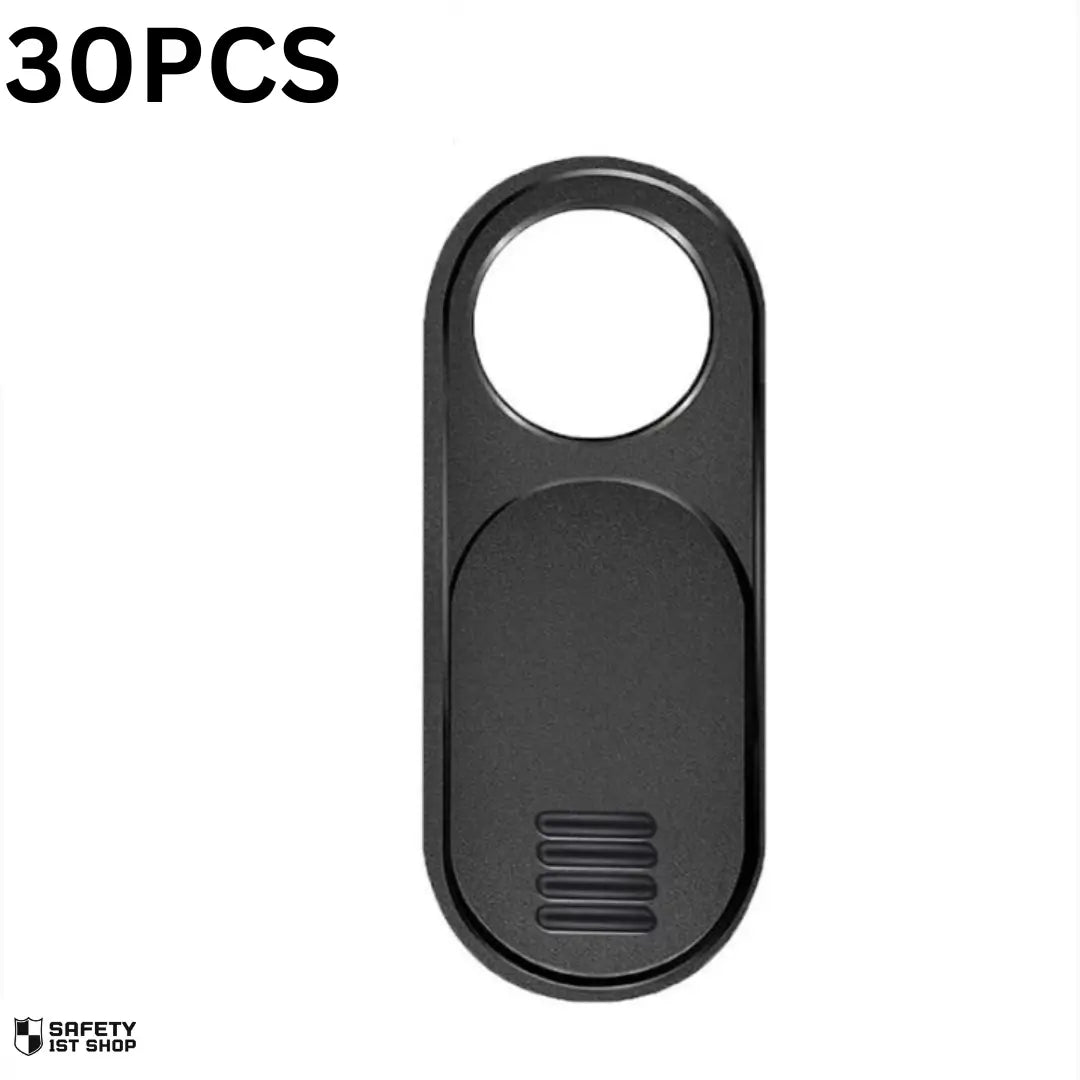 Set of thirty black webcam privacy covers on white background – bulk pack for full digital protection