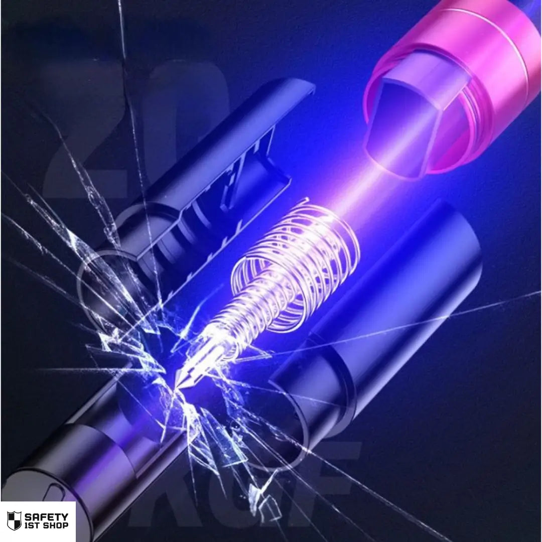 Close-up of emergency hammer interior with glowing blue light highlighting tungsten steel head mechanism