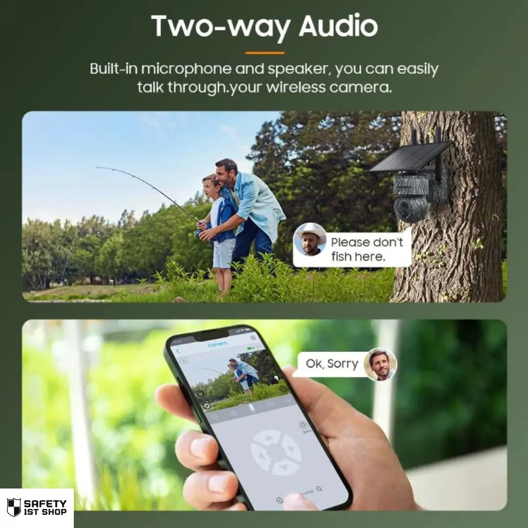 Father and son fishing near a tree with a mounted wildlife security camera. A speech bubble says “Please don’t fish here” from the camera. Below, a smartphone screen shows the camera feed with the father replying “Ok, sorry”.