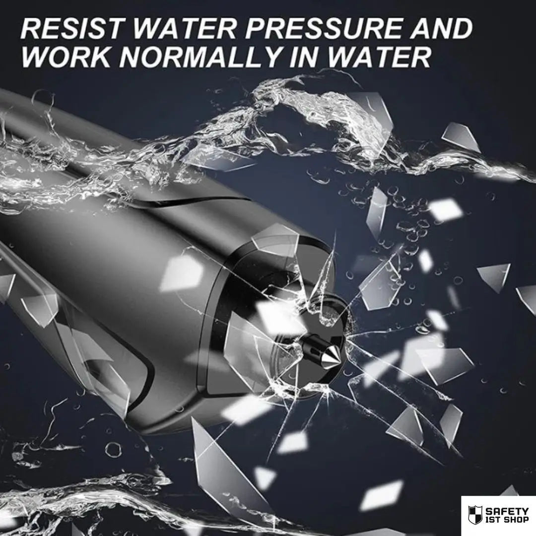 Water-resistant emergency escape tool smashing invisible glass barrier – black safety device breaks through with shards mixing like droplets. Symbol of strength under pressure.