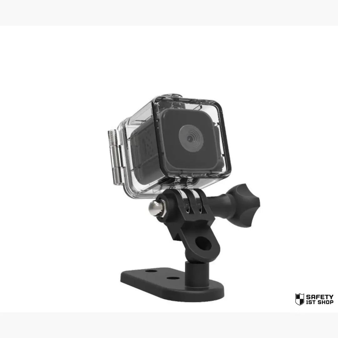 Black waterproof mini action camera displayed with its transparent protective case, presented on a clean white background for a premium product showcase