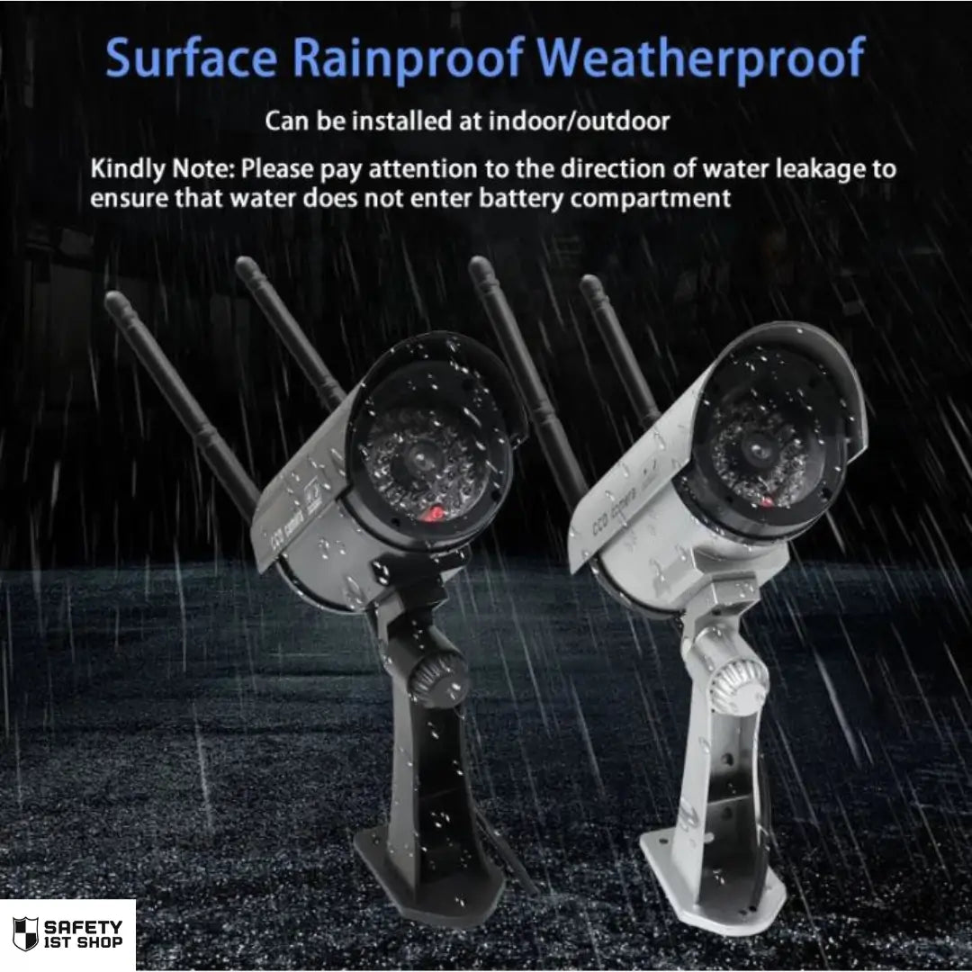 Outdoor dummy security cameras in rainproof scenario, showcasing weather resistance for indoor and outdoor installation