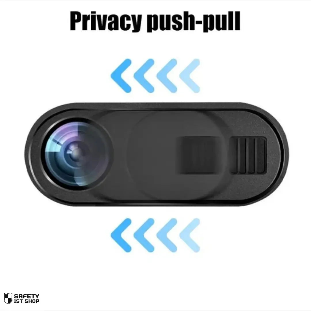 Black webcam privacy cover on white background showing push-pull mechanism for camera blocking