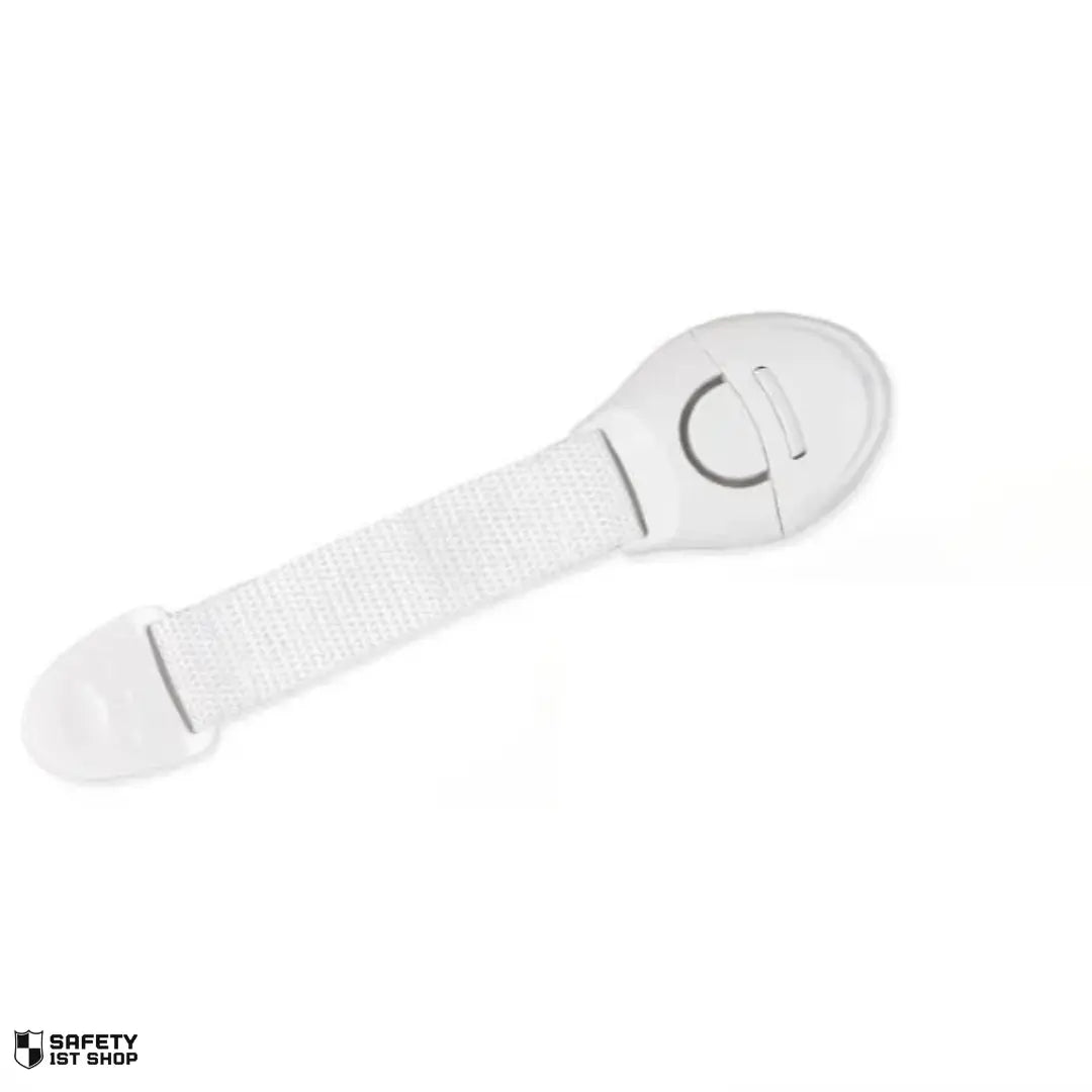 Single white baby drawer latch for closet - childproofing accessory on white background