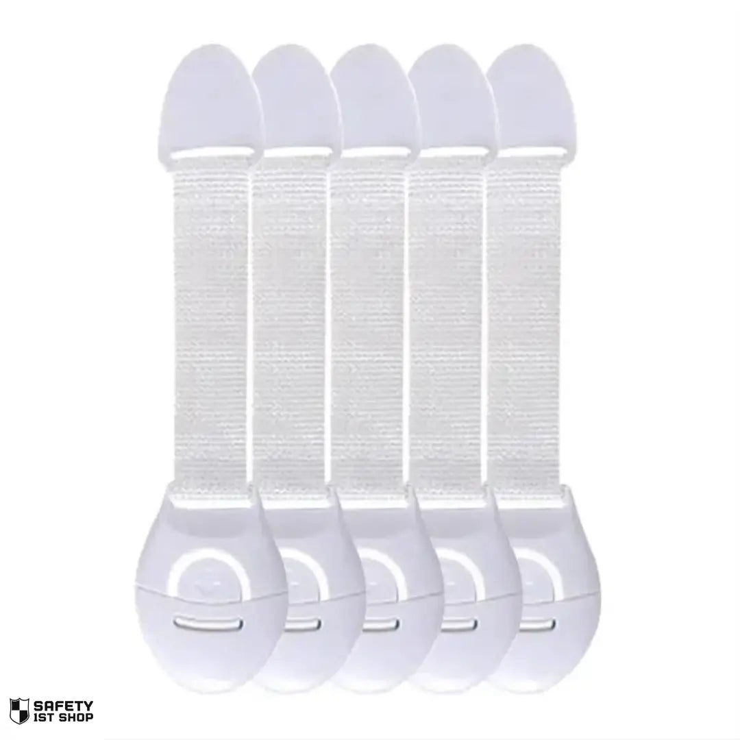 Set of 5 white baby safety locks for dresser drawers - childproofing solution for home storage