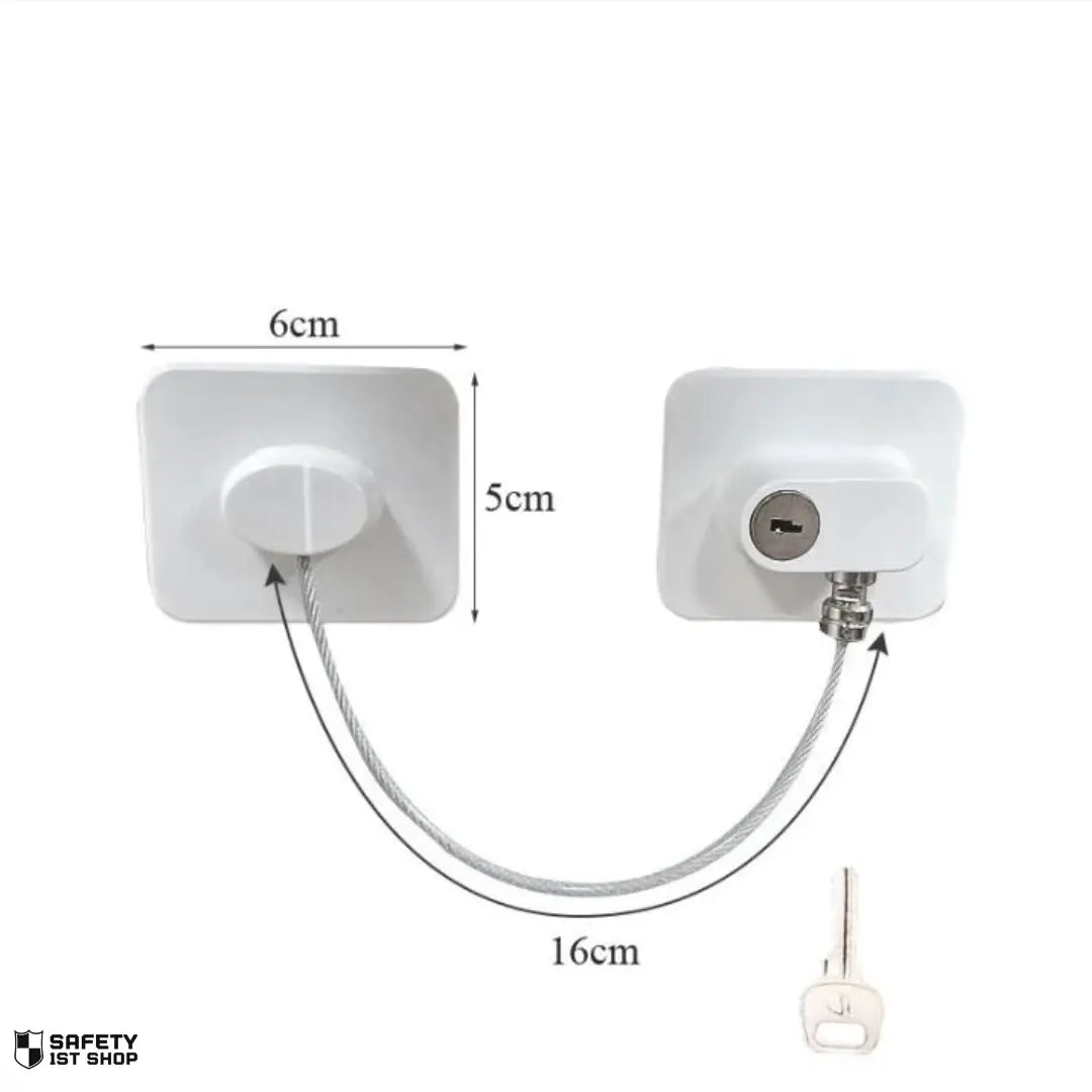 alternative child safety lock in white with key, product dimensions shown on white background, secure design for drawers or windows