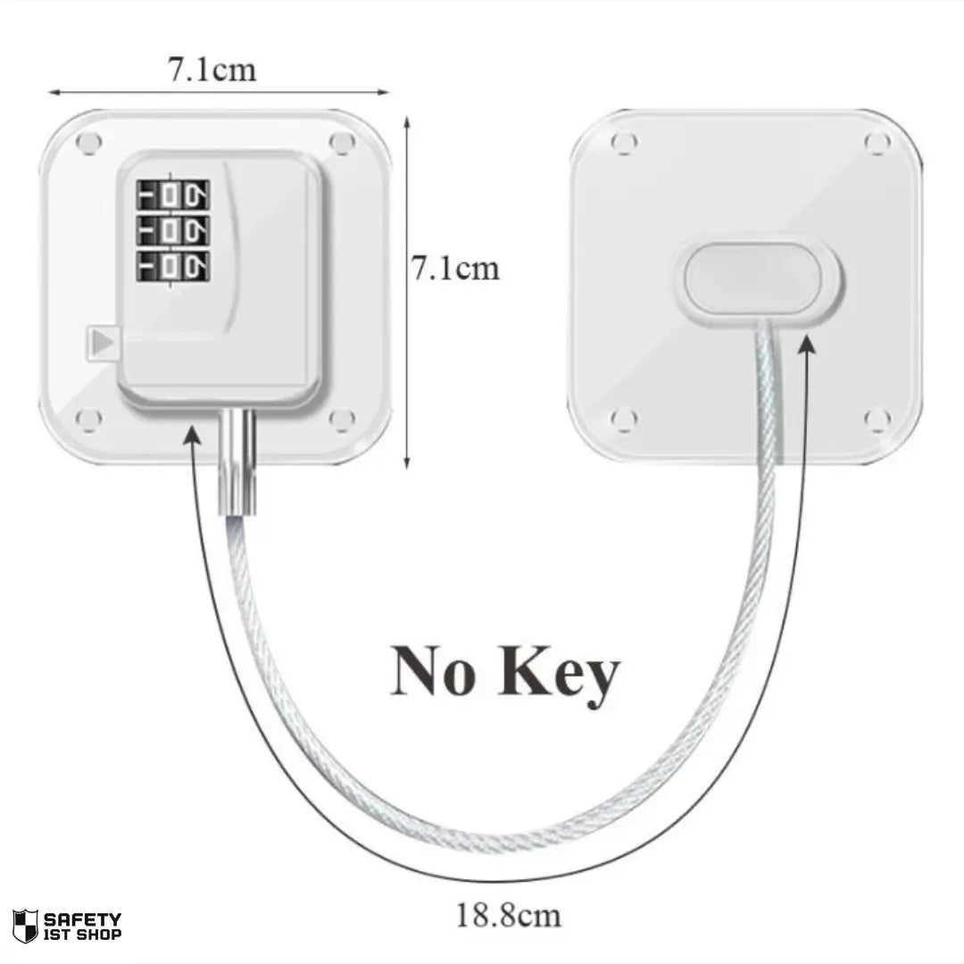 white child safety lock with combination code, product dimensions displayed on clean white background, secure and adjustable design