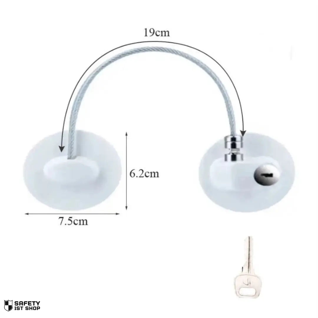 white baby safety lock with key access, alternative model design, shown with measurements on clean white background