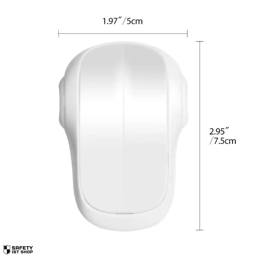 White oven guard with detailed dimensions – childproof locking device shown on clean background