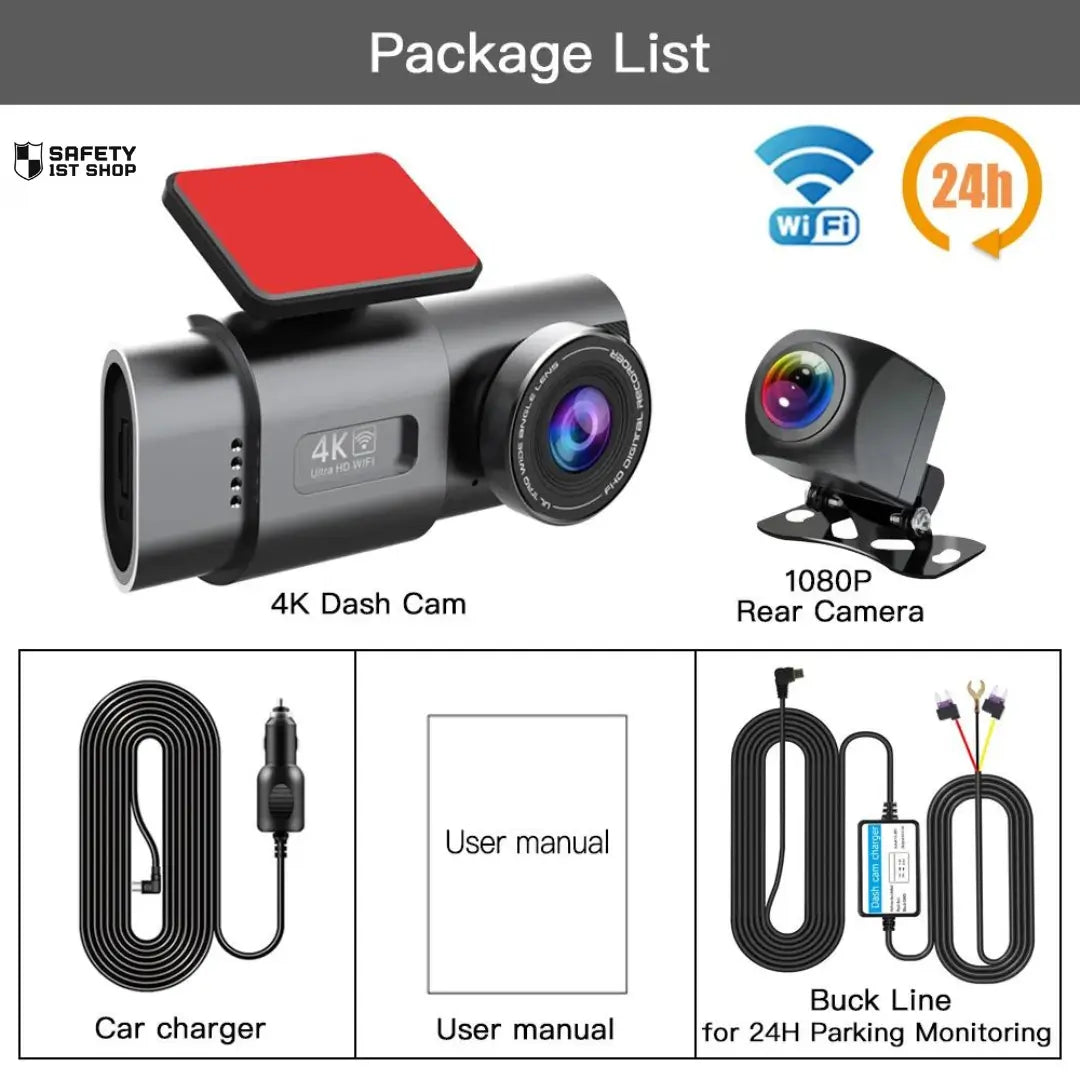 Full WiFi surveillance kit with 4K front camera, 1080P rear view, 24-hour parking monitor cable, and car charger for complete vehicle security