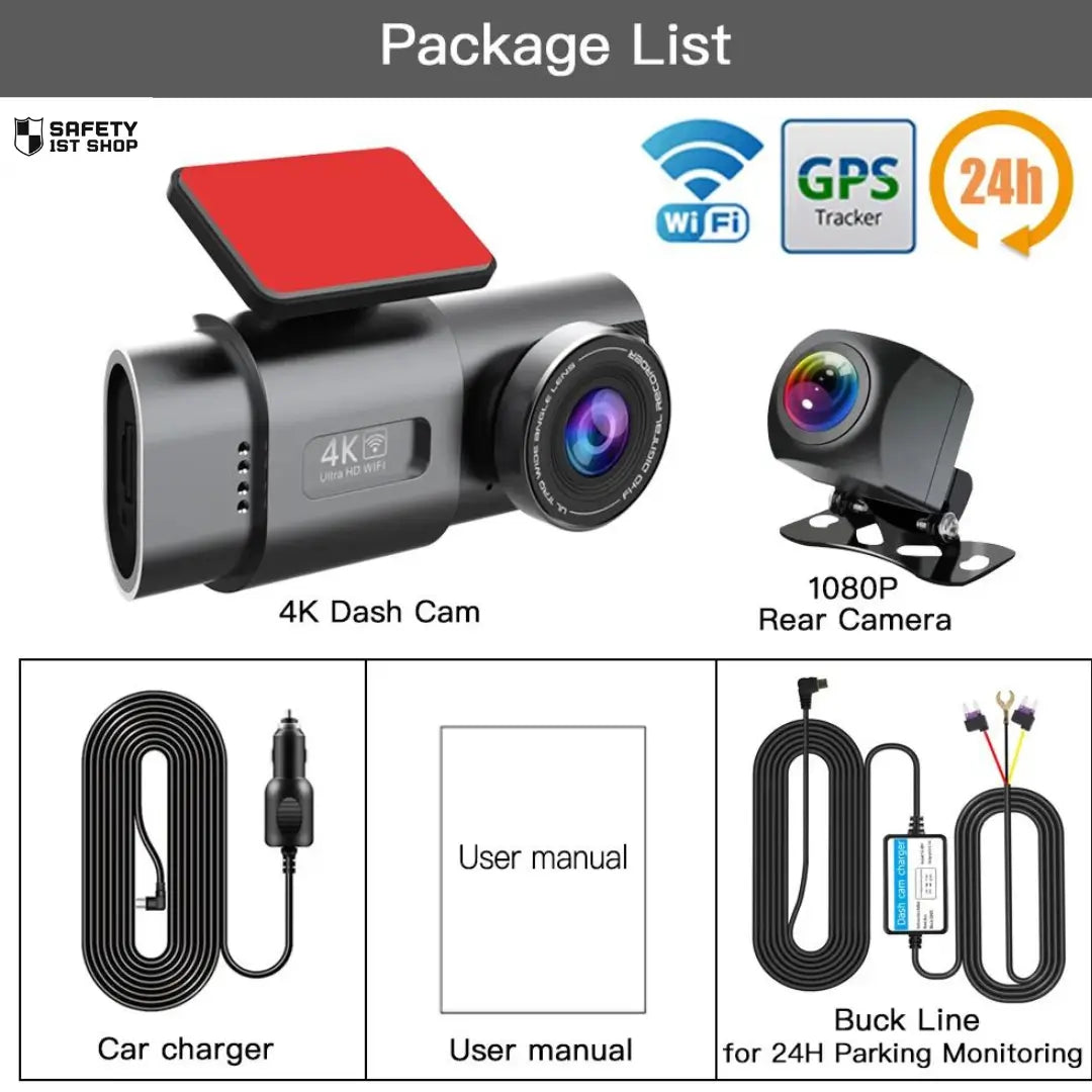 Complete WiFi GPS surveillance set with ultra-clear dash cam, rear camera, car charger, user manual, and hardwire kit for 24h parking monitoring