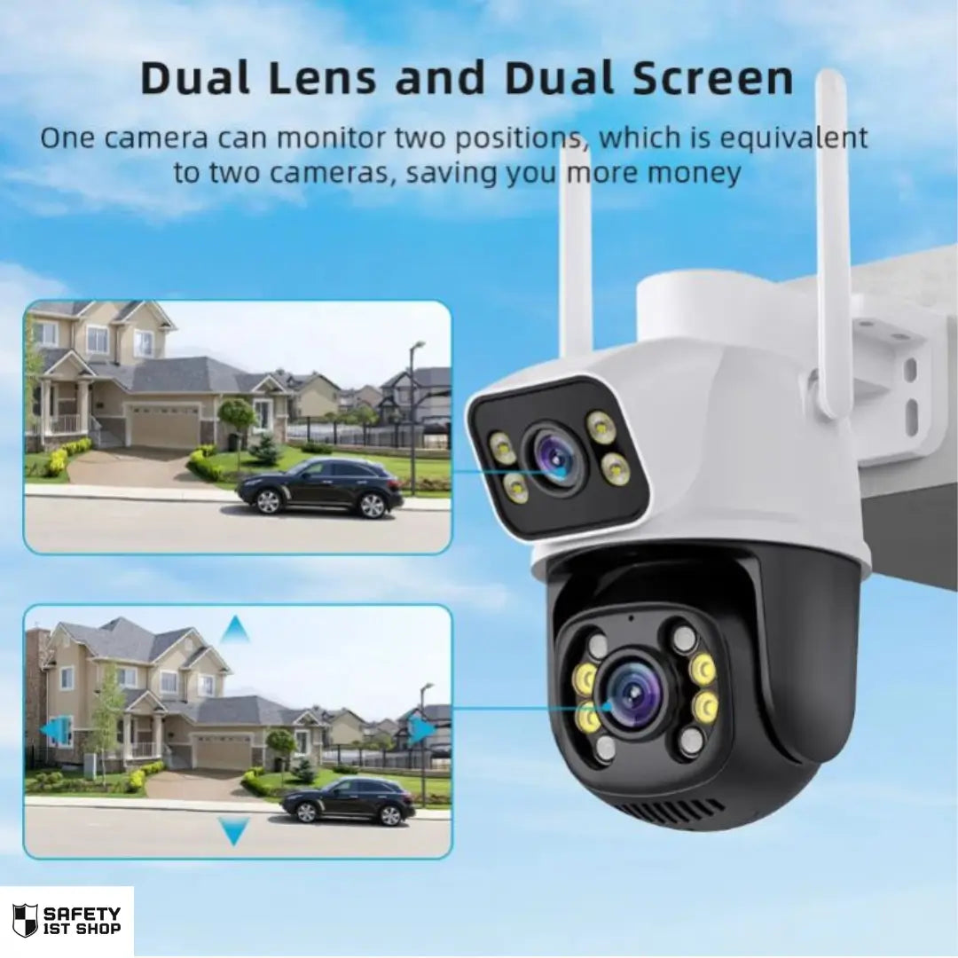 4K AI-Watch camera with dual lens and dual screen feature, monitoring two positions (house and car) simultaneously for more coverage and savings