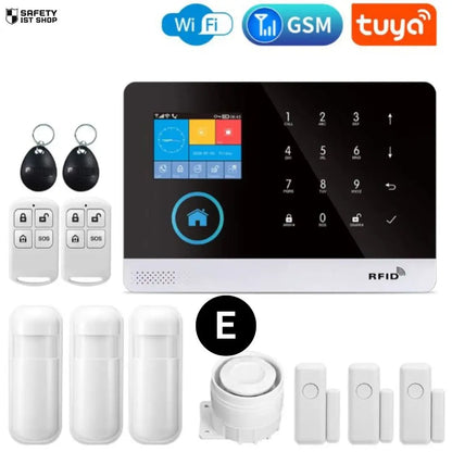 Smart home security system with a focus on motion detection – featuring three PIR detectors, three door sensors, a siren, two remote controllers, and two RFID tags, with WiFi, GSM, and Tuya integration.