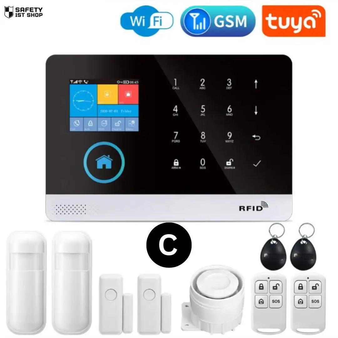 Expanded smart home security system with two PIR detectors, two door sensors, a siren, two remote controllers, and two RFID tags – powered by WiFi, GSM, and Tuya for full home coverage.