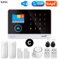 Expanded smart home security system with two PIR detectors, two door sensors, a siren, two remote controllers, and two RFID tags – powered by WiFi, GSM, and Tuya for full home coverage.