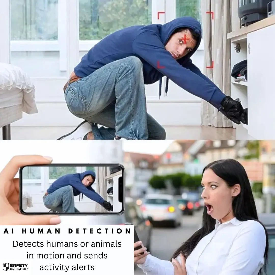 Split-scene showing AI human detection in action: a burglar caught on camera indoors looking directly at the lens, and a woman outdoors receiving a mobile alert. Demonstrates smart motion tracking and real-time response.