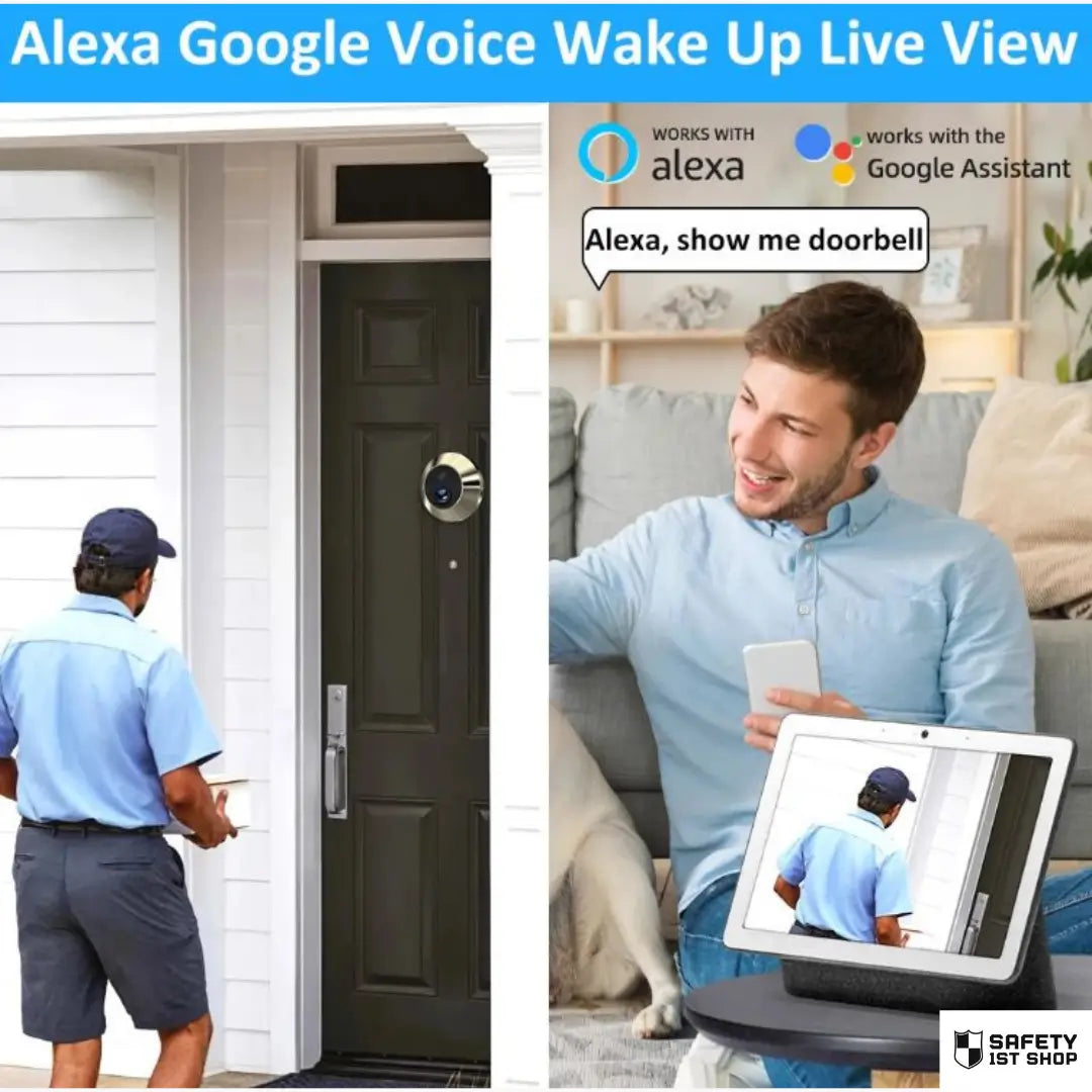 Smart home scenario showing voice control feature with Alexa. Homeowner relaxed on sofa with dog, saying “Alexa, show me doorbell”, while viewing live camera feed of visitor at door.