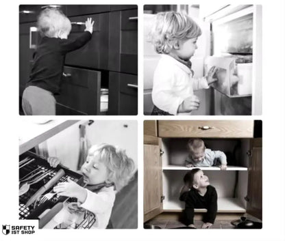 Babies exploring household areas like drawers, shelves, and cabinets – visual reminder of child safety risks in everyday spaces
