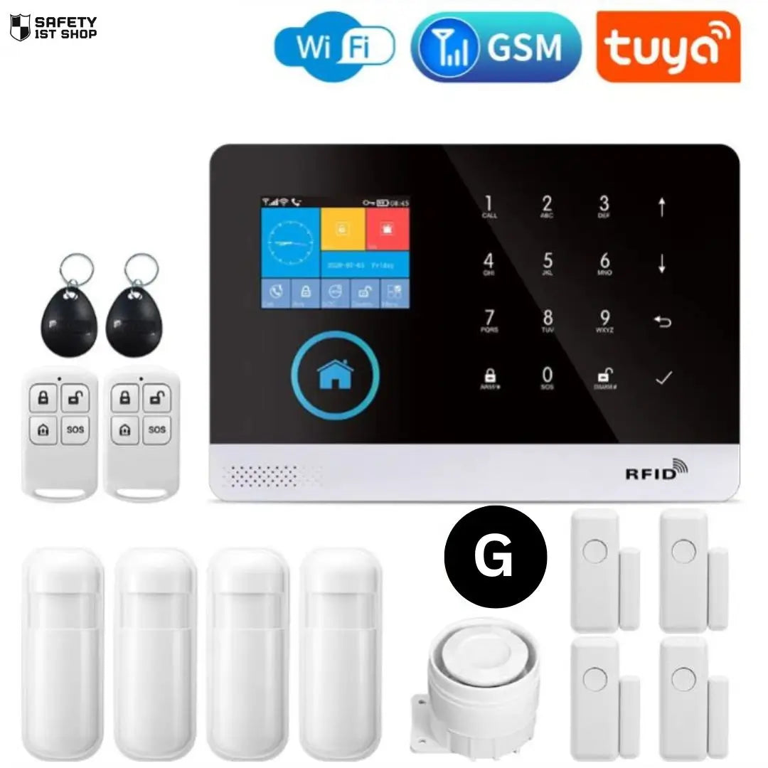 Smart security system bundle featuring four PIR detectors and four door sensors, along with a siren, two remote controllers, and two RFID tags – providing well-rounded home protection with WiFi, GSM, and Tuya support.