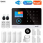 Smart security system bundle featuring four PIR detectors and four door sensors, along with a siren, two remote controllers, and two RFID tags – providing well-rounded home protection with WiFi, GSM, and Tuya support.