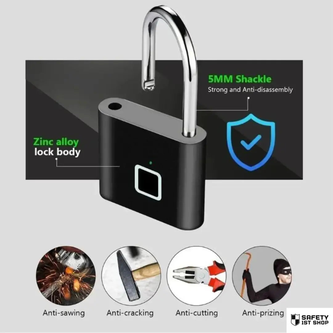 Black fingerprint padlock with 5mm shackle and zinc alloy body, illustrated with icons showing resistance to sawing, cracking, cutting, and prying